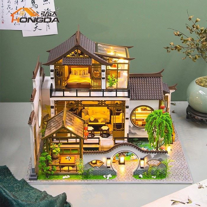 Hongda PC2314 2023 Lastet Design Poetic Charm Chinese Style Wooden Diy Miniature Kit With Light For Girls